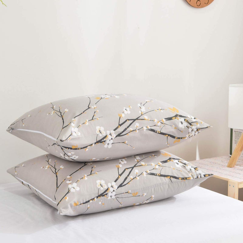 NANKO Floral Pillow Case Set (2 Pack), Tan Gray Plum Blossom Flower Pattern Printed Pillowcases/Pillow Shams - 20x30 inch Standard Queen Size - Image 4